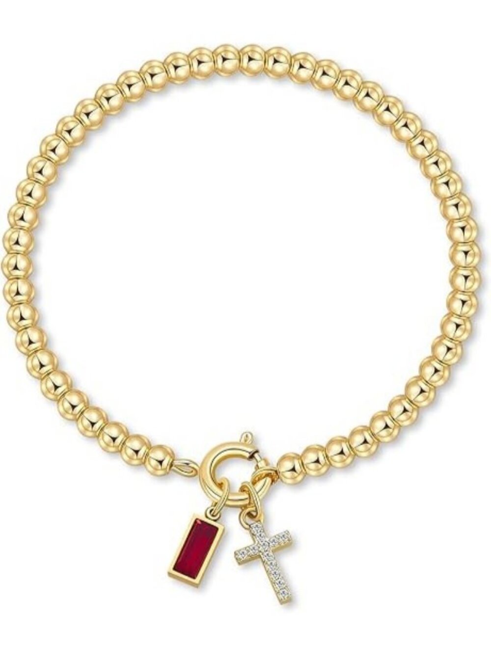 01-January(Garnet) Cross Birthstone Elastic 14K Gold Plated Bead Bracelet